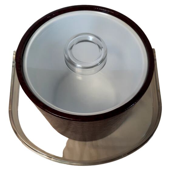 MID CENTURY MODERN VINTAGE BROWN VINYL ICE BUCKET WITH LID‎ & HANDLE MADE IN USA - Picture 3 of 9